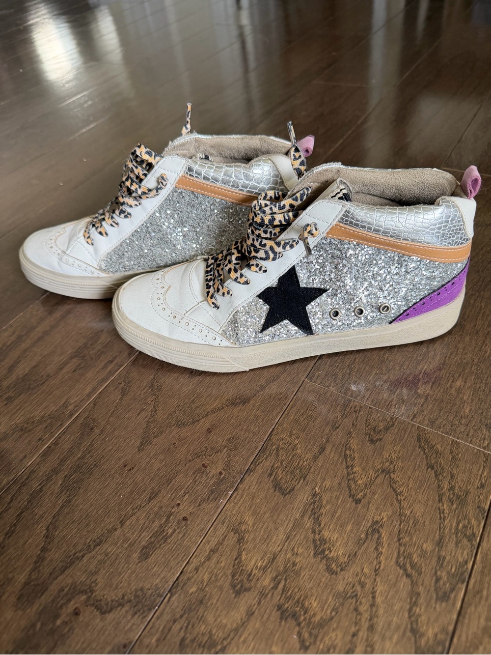 Silver Glitter High-Top Sneakers with Star Accent